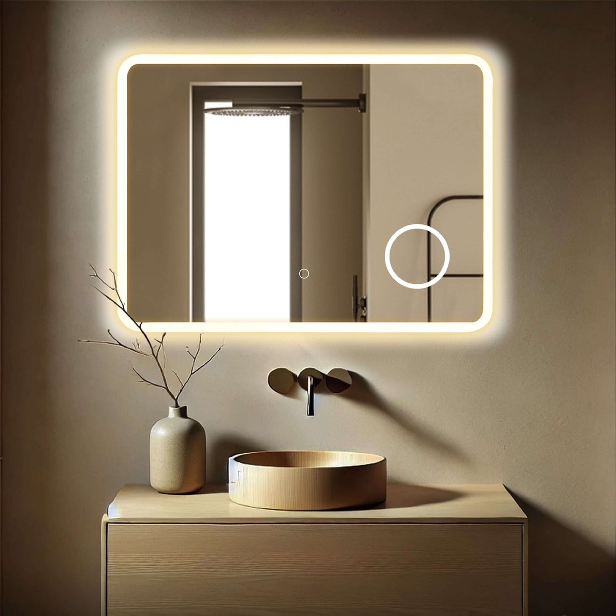 Rechthoekige badkamerspiegel met LED-verlichting en ingebouwd vergrootglas