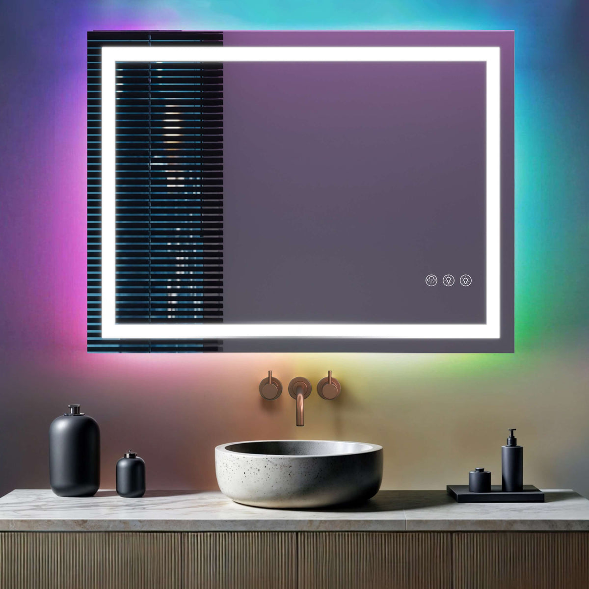 Rechthoekige LED badkamerspiegel met RGB verlichting en anti-condens verwarming
