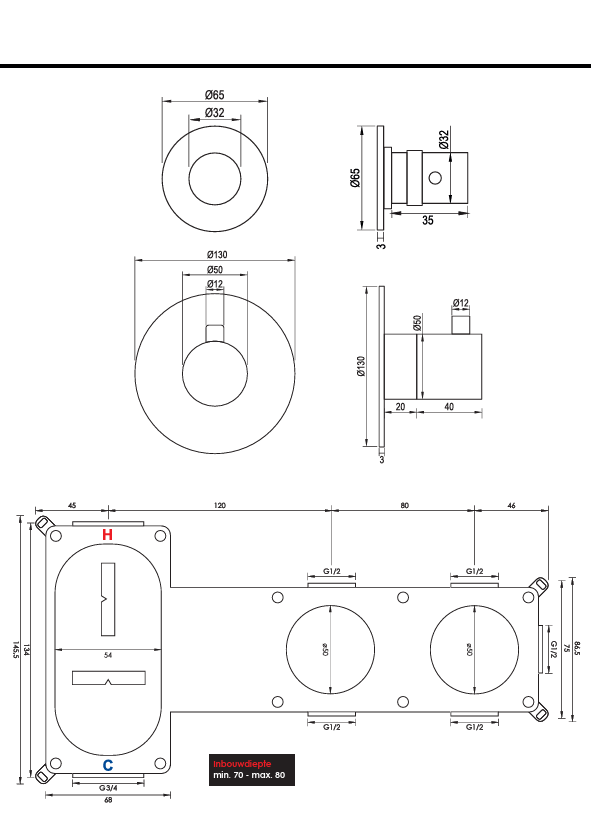 Einbau-Badarmatur mit Stangenhandbrause – Kupfer