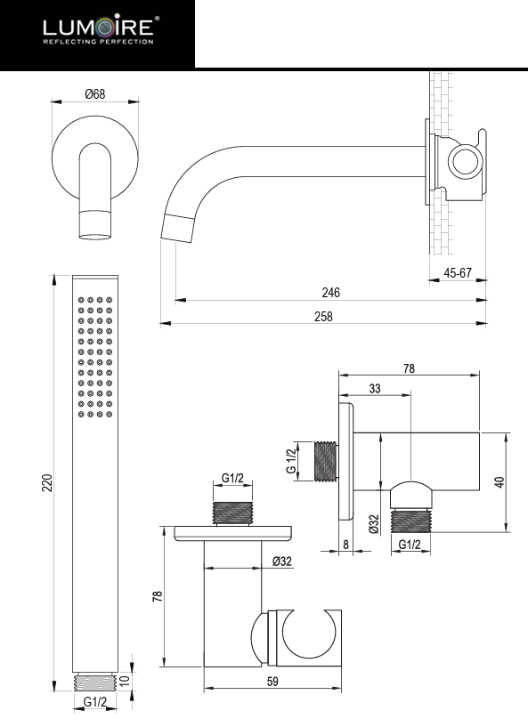 Einbau-Badarmatur mit Stangenhandbrause – Kupfer