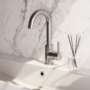 Basin tap, surface-mounted, curved spout - stainless steel